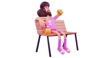 3D illustration. Hungry Athlete 3D cartoon character. Young man wearing pink sportswear. Young man resting on a wooden chair eating a burger and a hot drink beside him. 3D cartoon character png