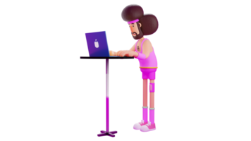 3D illustration. Student 3D cartoon character. Student doing assignment with laptop while standing. Students majoring in sports and will practice gymnastics. 3D cartoon character png