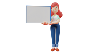 3D illustration. Volunteer 3D Cartoon Character. Beautiful volunteer wearing casual clothes. Volunteer stand showing the white board that she will use in learning. 3D Cartoon Character png