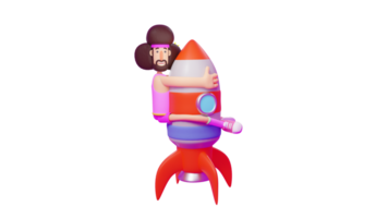 3D illustration. Incredible Athlete 3D cartoon character. Athlete hugging a big rocket that is about to fly. A unique athlete who wears a pink costume and has a unique hairdo. 3D cartoon character png