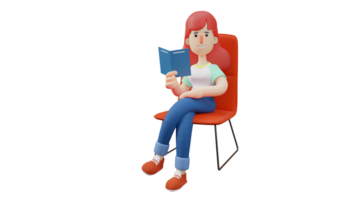 3d Illustration. Geschäftsfrau 3d Karikatur Charakter. Geschäftsfrau Wer ist lesen ein Buch. das Frau war Sitzung auf das rot Stuhl und zeigen ihr süß lächeln. 3d Karikatur Charakter png