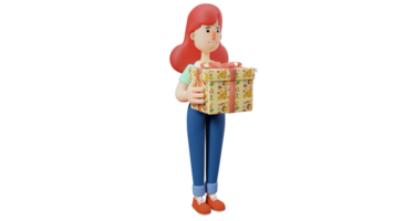 3D illustration. Romantic Girl 3D Cartoon Character. Beautiful girl carrying a box of gifts. Girls who come to birthday parties will give gift to her friend. 3D Cartoon Character png