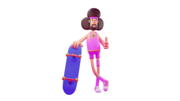 3D Illustration. Happy Men 3D cartoon character. The man stood up and held a skateboard board. The agile man is enjoying his day off by playing skate. Men wear funny pink clothes. 3D cartoon character png