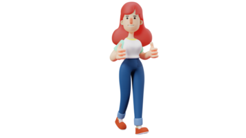 3d illustratie. koel meisje 3d tekenfilm karakter. Dames slijtage gewoontjes kleren en slijtage schoenen. mooi vrouw met een stap houding tonen haar twee duimen. 3d tekenfilm karakter png