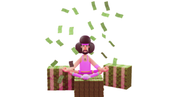 3D illustration. Calm Athlete 3D cartoon character. Athlete sitting on a pile of money. Athlete in yoga pose. Hunky athlete closed his eyes and was under the scattered money. 3D cartoon character png