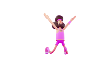 3D Illustration. Happy Athlete 3D cartoon character. Athlete knelt down and lift his hands and show his happy laughter. Athlete in pink costumes is happy because he won the match. 3D cartoon character png