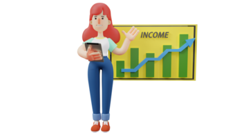 3D illustration. Young Businesswoman 3D Cartoon Character. Lady was talking at the front and explaining regarding the board with her earnings. Smart woman holding tablet. 3D Cartoon Character png