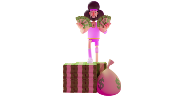 3D illustration. Rich Athlete 3D cartoon character. Successful athlete standing on pile of money. Athlete showing off a lot of money he holds. Athlete showing happy expression. 3D cartoon character png