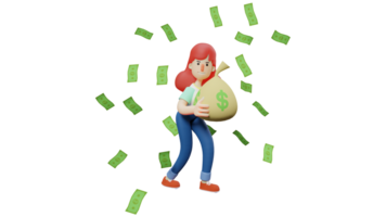 3D illustration. Rich Woman 3D Cartoon Character. Woman carrying sack full of money. Rich woman standing under a lot of money scattering. 3D Cartoon Character png