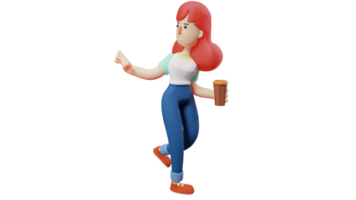 3D illustration. Friendly Woman 3D Cartoon Character. Beautiful woman walking with a cup of warm drink. Woman waving her hand to a friend she met. 3D Cartoon Character png