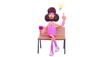 3D illustration. Athlete 3D cartoon character. Athlete sitting relaxing on a wooden chair holding a glass of cold drink. A smart athlete finds a new idea. 3D cartoon character png