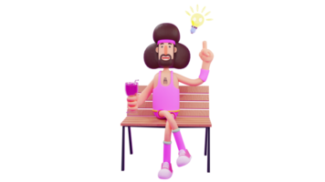 3d ilustração. atleta 3d desenho animado personagem. atleta sentado relaxante em uma de madeira cadeira segurando uma vidro do frio bebida. uma inteligente atleta encontra uma Novo ideia. 3d desenho animado personagem png