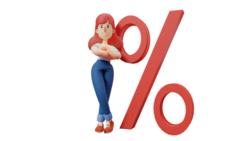 3D illustration. Cool Woman 3D Cartoon Character. Women standing with arms crossed. Charming woman standing next to a big percent symbol. Very beautiful smiling woman. 3D Cartoon Character png