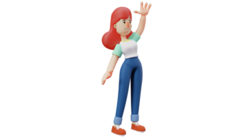 3d ilustração. aluna 3d desenho animado personagem. fêmea alunos vestem casual roupas. lindo aluna acenando dela mão para uma amigo ela conheceu em a rua. alunos sorrir gentilmente. 3d desenho animado personagem png