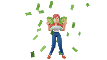 3D illustration. Successful Woman 3D Cartoon Character. Rich Woman standing under a lot of money scattering. Beautiful woman holding a lot of money in both hands. 3D Cartoon Character png