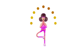 3d Illustration. Reich Athlet 3d Karikatur Charakter. Athlet im Yoga Pose Heben einer Bein. Athlet bringt seine Hände im Vorderseite von seine Brust. Athlet umgeben durch fliegend Gold Münzen. 3d Karikatur Charakter png