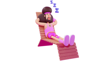 3d illustratie. moe atleet 3d tekenfilm karakter. atleet vallen in slaap Aan lang houten stoel. atleet voelen moe met zijn bezig activiteiten. atleten nog steeds slijtage roze kostuums. 3d tekenfilm karakter png