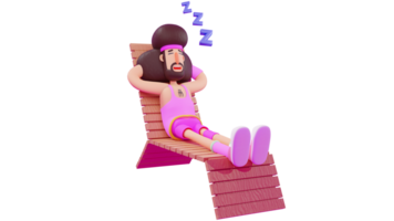 3D illustration. Tired Athlete 3D cartoon character. Athlete fall asleep on long wooden chair. Athlete feel tired with his busy activities. Athletes still wear pink costumes. 3D cartoon character png