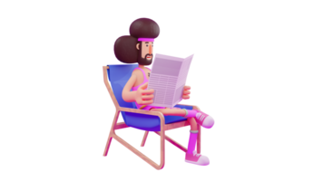 3D illustration. Dazzling Athlete 3D cartoon character. Athlete is sitting reading newspaper. The athlete wears a pink costume and looks seriously reading the latest news. 3D cartoon character png