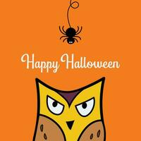 Owl face head looking up to hanging on dash line web spider doodle vector