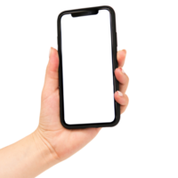 Hand holding modern black phone in vertical position. Free PNG