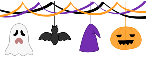 Halloween party decorations, colorful ribbons and banner bunting for celebration png