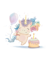 Fairytale magical unicorns birthday with cake, postcard with unicorn png