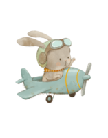 Watercolor vintage illustration of a rabbit pilot on a plane, drawing for a children's room, vintage card for children png