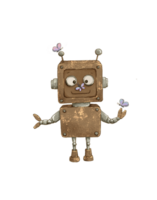 Drawing of a cute vintage rusty scuffed robot on textured paper on a beige background, robot toy png