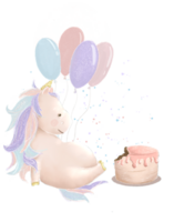 Fairytale magical unicorns birthday with cake, postcard with unicorn png