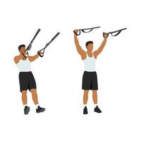 Man doing TRX Suspension straps overhead squats exercise. Flat vector illustration isolated on white background