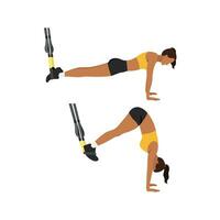 Woman doing TRX Suspension straps saw pikes exercise. Flat vector illustration isolated on white background