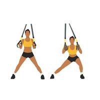 Woman doing TRX Suspension straps side step. Lateral lunges exercise. Flat vector illustration isolated on white background