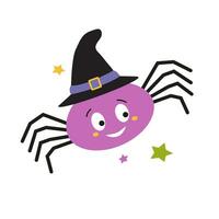 Happy Halloween. Vector illustration of spider in party hat in trendy colors for postcard, flyer, banner on a white background