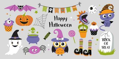 Happy Halloween stickers. Set of Halloween elements-ghost, cat, owl, cakes, funny pumpkin, flower, spider, etc. Perfect for scrapbooking, greeting card, party invitation, poster, tag, sticker. vector