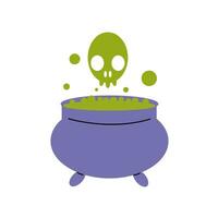 Halloween witches blue cauldron with poison potion isolated on white background. Icon image of magical boiling and bubbling pot. Vector illustration.