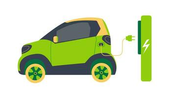 moderno eléctrico inteligente todoterreno plano vector ilustración de un verde eléctrico coche cargando a un cargando estación. el concepto de el electrónico movimiento de electromovilidad. aislado plano vector ilustración