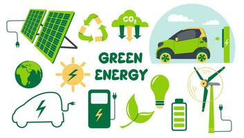 A collection of environmental elements.Green energy set isolated on white background, wind generator and solar battery, green energy, electric car, charging. vector