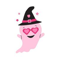Halloween Ghost. Cute pink character with glasses.Icon isolated on white background. Vector illustration.Happy Halloween. Fashion illustration for postcard, flyer, banner