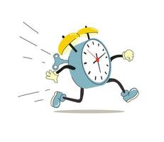 Funny retro alarm clock character being late and busy. The clock is running.Time is up. Image is isolated on white background. Flat illustration for banner, print and website. vector