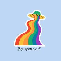 Be yourself. A UFO with a rainbow is an LGBTQ symbol. Vector illustration of a flying saucer isolated on a blue background. Happy pride month. For design poster, postcard, banner and background.