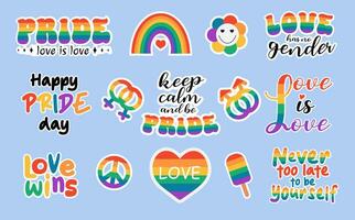 lgbt pegatinas vector ilustración colocar. festival eslogan. contento orgullo día, amor gana, amor es amor mano dibujado moderno letras diciendo con arcoíris. diseño para volantes, tarjeta, bandera.