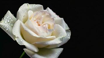 White Rose with Droplets isolated on Black Background Banner. photo