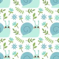 Seamless pattern of blue snail, flowers and green leaf on white background vector illustration. Cute hand drawn floral pattern. Vector illustration