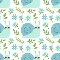 Seamless pattern of blue snail, flowers and green leaf on white background vector illustration. Cute hand drawn floral pattern. Vector illustration