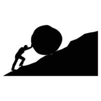 hombre emprendedor grande roca cuesta arriba. concepto de fatiga, esfuerzo, coraje, fuerza, fuerza vector dibujos animados negro silueta en plano diseño aislado