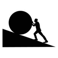 man pushing big boulder uphill. Concept of fatigue, effort, courage, power, force Vector cartoon black silhouette in flat design isolated