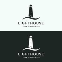 Sea harbor lighthouse tower logo design creative building with spotlights vintage vector template.