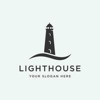 Sea harbor lighthouse tower logo design creative building with spotlights vintage vector template.