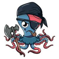 Cartoon comics gangster octopus character with pirate patch smoking a pipe with an axe in his tentacle. Illustration for fantasy, science fiction and adventure comics vector